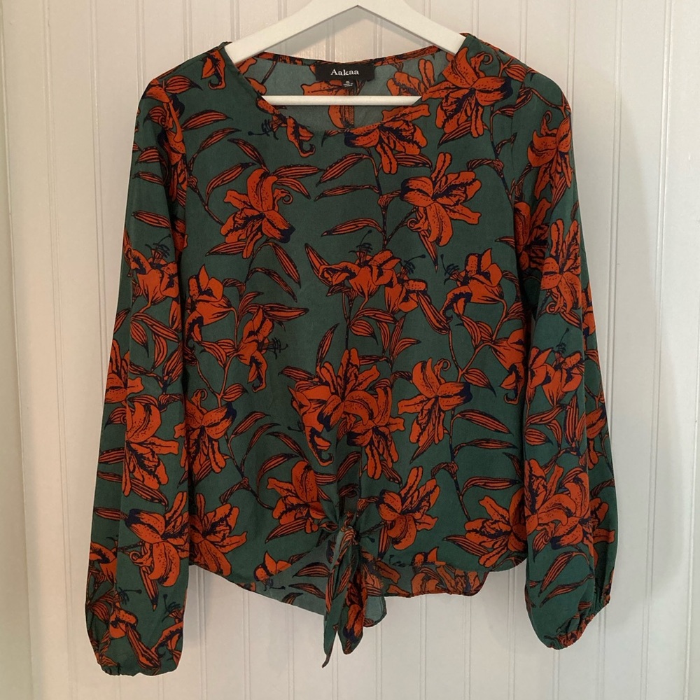 AAKAA Orange and Green Patterned Blouse with Balloon Sleeves
